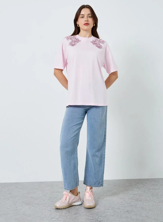 Styli Women Floral Tonal Embroidery 100% Cotton T-Shirt